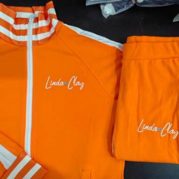 Women's Stylish Activewear Tracksuit Striped Orange/White Stripe Pants 2 Pc Set - Picture 3 of 7